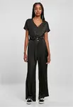 Dámský saténový overal s širokým páskem v černé barvě