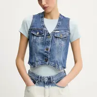 Džínová vesta Guess Jeans tmavomodrá barva, jednořadá, W5GN74 D5M46