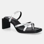 Kožené pantofle Tommy Jeans THE SOHO SANDAL METALLIC dámské, stříbrná barva, na podpatku, EN0EN02801