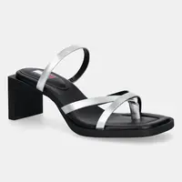 Kožené pantofle Tommy Jeans THE SOHO SANDAL METALLIC dámské, stříbrná barva, na podpatku, EN0EN02801