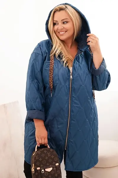 Kesi Włoski Dámska bunda Plus Size prešívaná s kapucňou a nápisom HOPE džínová