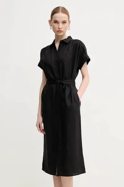 Lněné šaty Tommy Hilfiger černá barva, midi, WW0WW44653