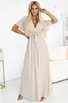 545-3 Long dress with pleated neckline and tie - beige