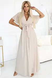 545-3 Long dress with pleated neckline and tie - beige