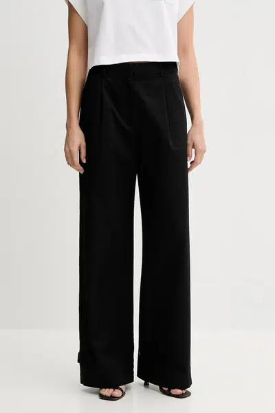 Kalhoty s příměsí lnu Sisley dámské, černá barva, široké, high waist, 4W7HLF06X