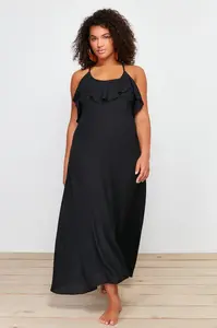 Trendyol Curve Black Maxi Collar Flounce Plus Size Beach Dress