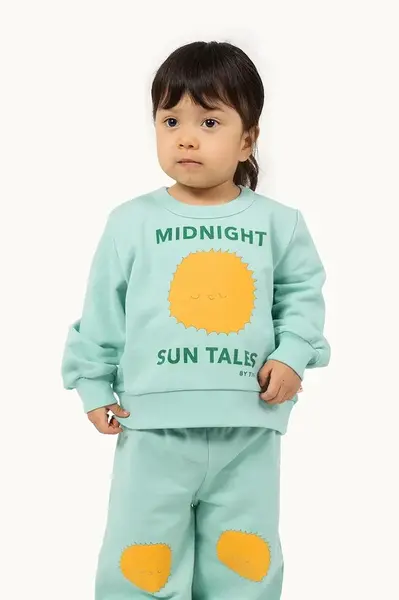 Dětská bavlněná mikina Tinycottons SUN TALES GRAPHIC BABY SWEATSHIRT zelená barva, s potiskem, SS25-105