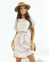 Resti Cream women's dress with waist tie