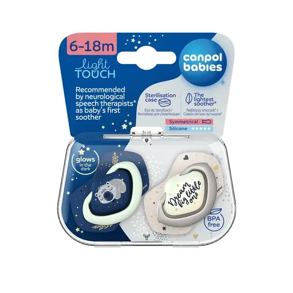 CANPOL BABIES Sleepy Koala Set symetrických silikónových cumlíkov Light touch 6-18m modrý 2 ks