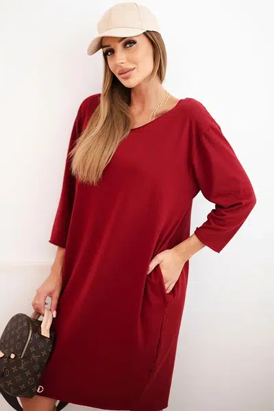 Kesi Włoski Dámska sukňa Plus Size z bavlny s jednoduchým strihom a rukávom 3/4 bordová
