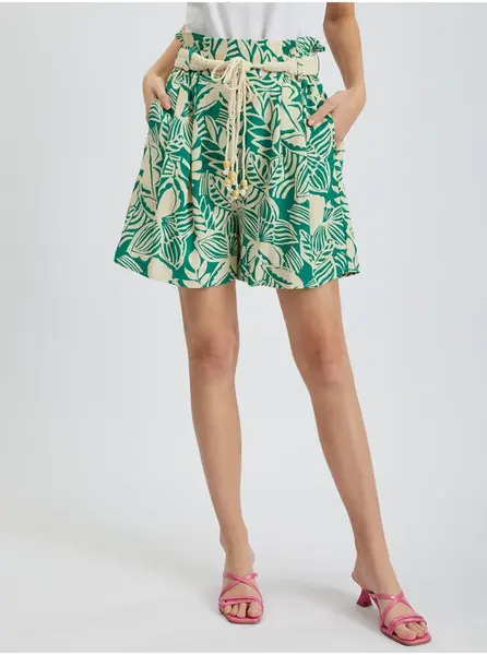 Orsay Krémovo-zelené dámské vzorované kraťasy s příměsí lnu - Dámské