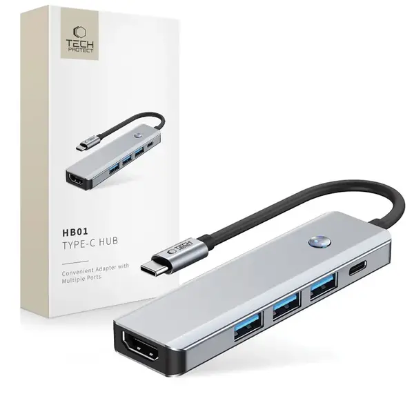 Tech-Protect HB01 HUB adaptér USB-C - 3x USB 3.0 / HDMI 4K / USB-C 100W, šedý