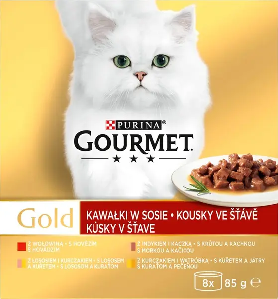 Gourmet Gold konzervy pre mačky hovädzie, morka a kačica, losos a kura, kura a pečeň v šťave 8×85 g