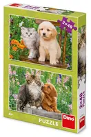 Puzzle 2x48 Pejsek a kočička na zahradě