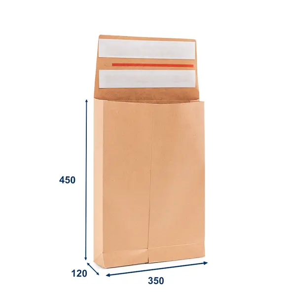 200 ks - Obálka papierová s krížovým dnom a bočnými skladmi (kraft) 350x450, 2x lepiaca páska