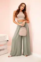 Kesi Włoski Široké dámské kalhoty s elastickým pasem khaki