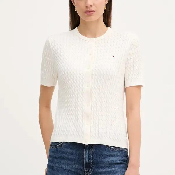 Bavlněný kardigan Tommy Hilfiger dámský, béžová barva, WW0WW45707