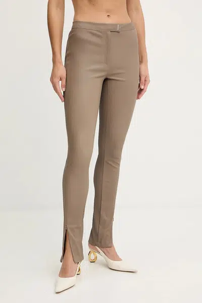 Kožené kalhoty BOSS dámské, hnědá barva, přiléhavé, high waist, 50541926