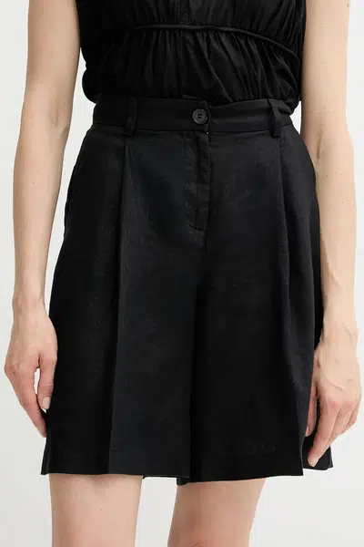 Lněné kraťasy Sisley dámské, černá barva, high waist, 4AGHL901K