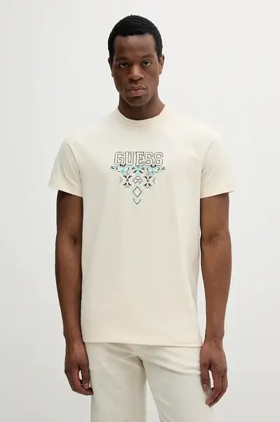 Bavlněné tričko Guess béžová barva, s aplikací, M5GI11 K8FQ4