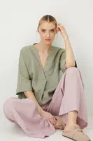 Lněná halenka Medicine zelená barva, hladká
