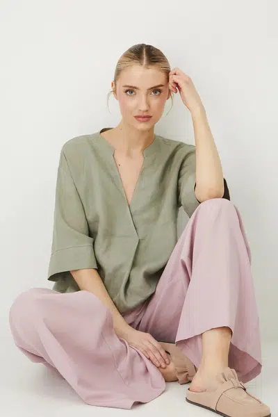 Lněná halenka Medicine zelená barva, hladká