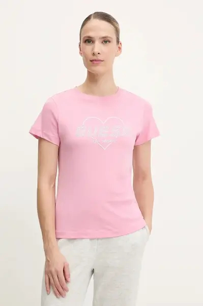 Bavlněné tričko Guess NARCISO dámské, růžová barva, V5GI10 K9RM1