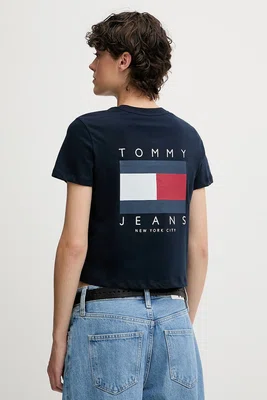 Bavlněné tričko Tommy Jeans dámské, tmavomodrá barva, DW0DW21423