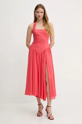 Šaty s příměsí lnu Bardot růžová barva, maxi, 59803DB1