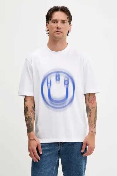 Bavlněné tričko Hugo Blue pánské, bílá barva, s potiskem, 50543493