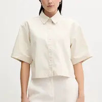 Košile s příměsí lnu Calvin Klein Jeans dámská, béžová barva, relaxed, s klasickým límcem, LV047C775G