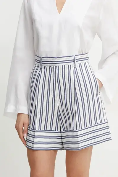 Šortky s příměsí lnu Marella ACUME bílá barva, high waist, 2513141034200