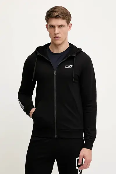 Bavlněná mikina EA7 Emporio Armani pánská, černá barva, s kapucí, s potiskem, AF13512.7M000568