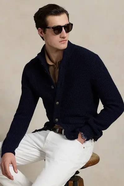 Vlněný kardigan Polo Ralph Lauren pánský, tmavomodrá barva, 710970292