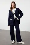 Trendyol Navy Blue Color Block Gold Buttoned Pocket Cardigan-Trousers Knitwear Bottom-Top Set