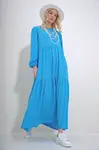 Trend Alaçatı Stili Women's Turquoise Boat Neck Balloon Sleeve Flounced Belted Viscose Dress