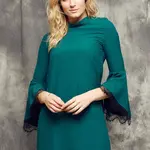 Cocomore Boutiqe dress with stand-up collar and flared sleeves green