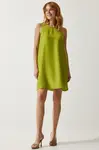 Happiness İstanbul Women's Peanut Green Sleeveless Linen Viscose A-Line Dress