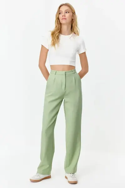Trendyol Mint Straight/Straight Cut Pleated Woven Fabric Trousers