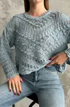 69491 Dewberry Patterned Openwork Knitwear Womens Sweater-BEBE BLUE