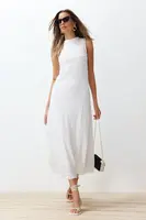 Trendyol White Plain Texture A-line/Bell Form Crew Neck Texture Maxi Dress