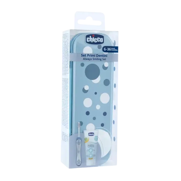 CHICCO Set zubní kartáček a pasta v pouzdře Always smiling - light blue, 6m+