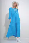 Trend Alaçatı Stili Women&#039;s Turquoise Boat Neck Balloon Sleeve Flounced Belted Viscose Dress