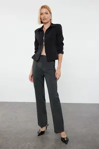 Trendyol Anthracite Ribbed Detailed Straight Cut Woven Fabric Trousers