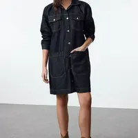 Trendyol Dark Blue Pocket Detail Shirt Collar Oversize Denim Trench Coat