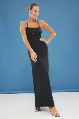 Trendyol Black Bodycon Floral Applique Woven Maxi Evening Dress