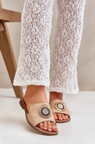 Lewski Shoes Kožené Pantofle S Dekorací Na Plochém Podpatku Béžové Lewski