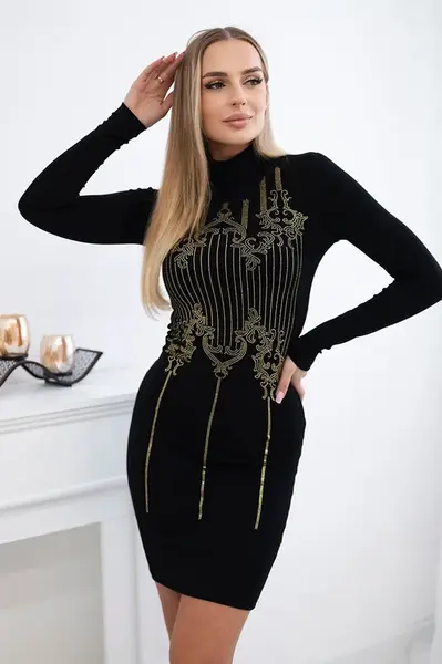 Pletené šaty se zlatým vzorem kubických zirkonů černé barvy
