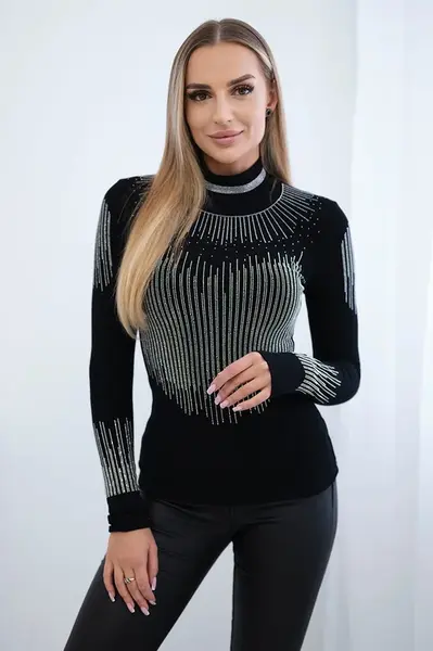 Pletená halenka s rolákem a motivem kubických zirkonů černá