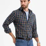 Ombre Men's plaid flannel shirt SLIM FIT - navy blue and orange
